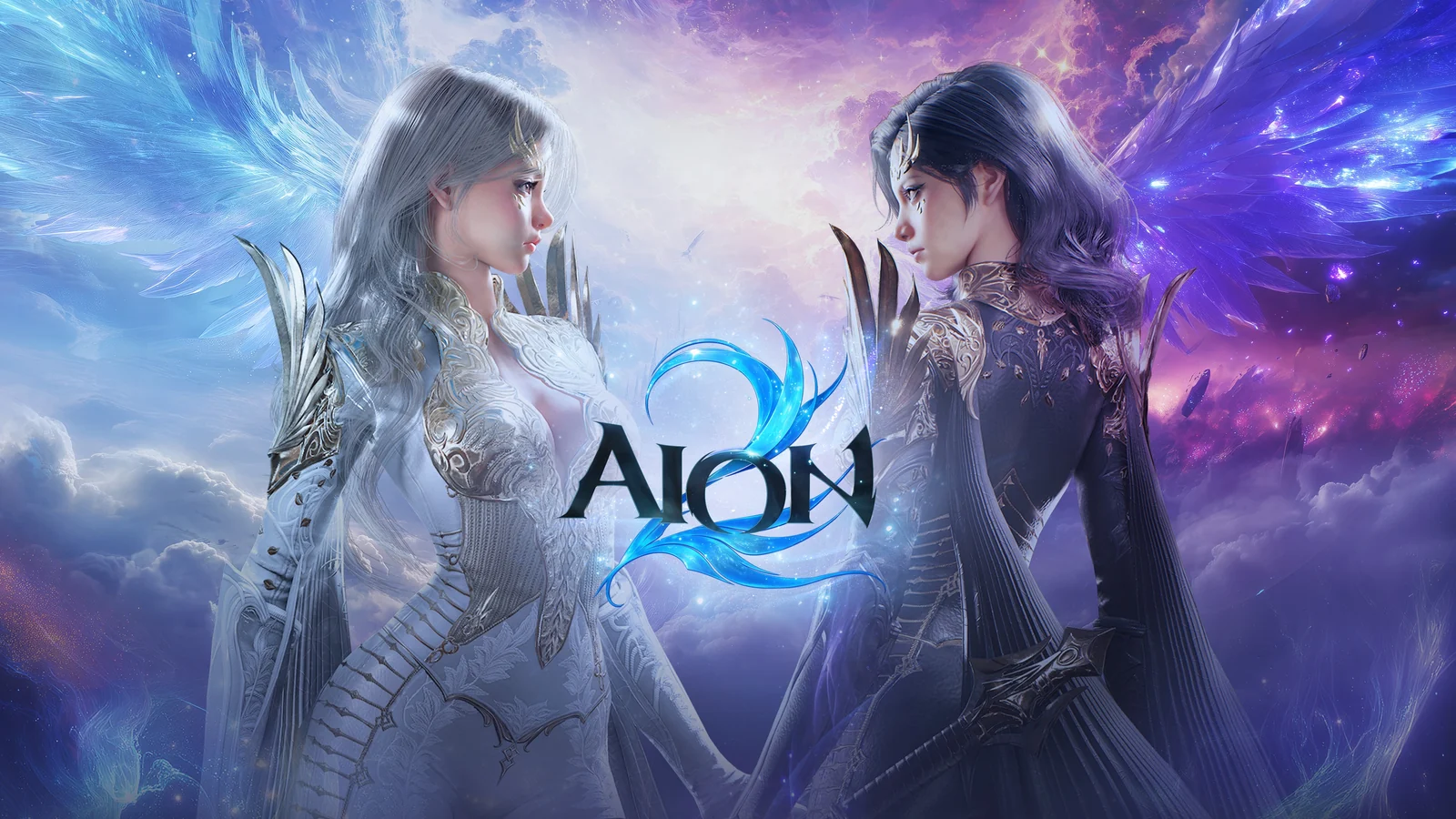 Official AION 2 promotional artwork showing two winged heroes beneath the game logo